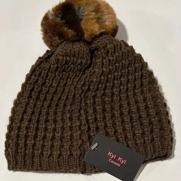 Kyi Kyi Canada Brown Wool Blend Faux Pom Beanie - Picture 3 of 4